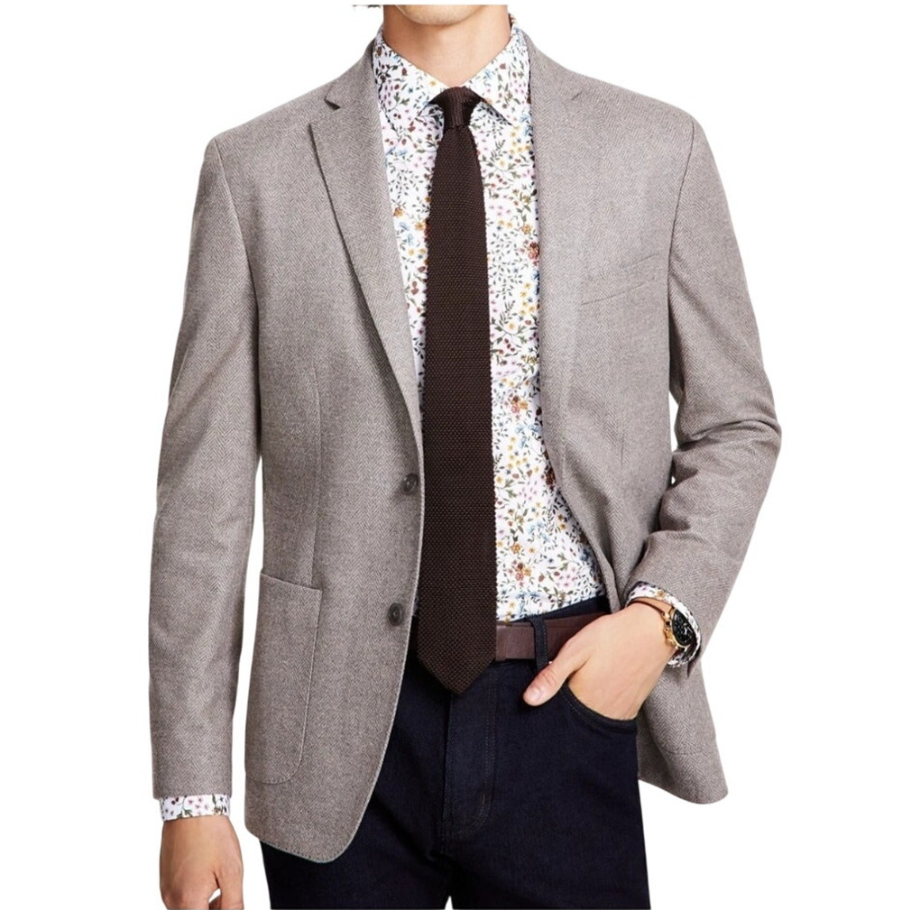 Bar III Men's Tan Herringbone Knit Slim-Fit Sport Coat Suit Jacket Size 46R